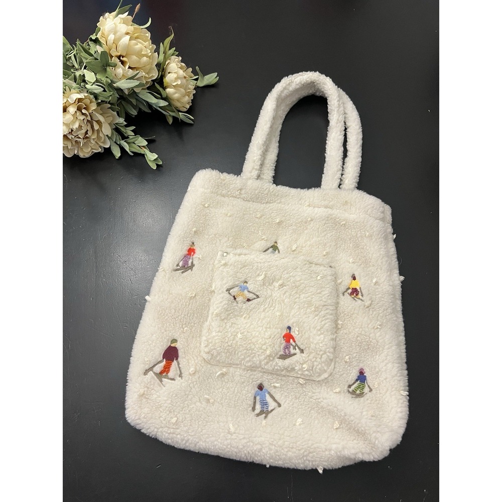 Urban Outfitters Cream Sherpa Fluffy Beaded Embroidered Ski Skiers Tote Bag